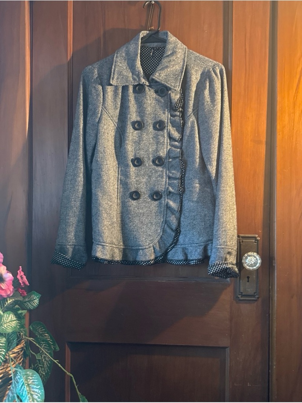 ambition Gray Double-Breasted Pea Coat with Polka-Dot Trim